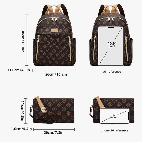 Elegant Brown Patterned Women's Backpack Set - Picture 5 of 5